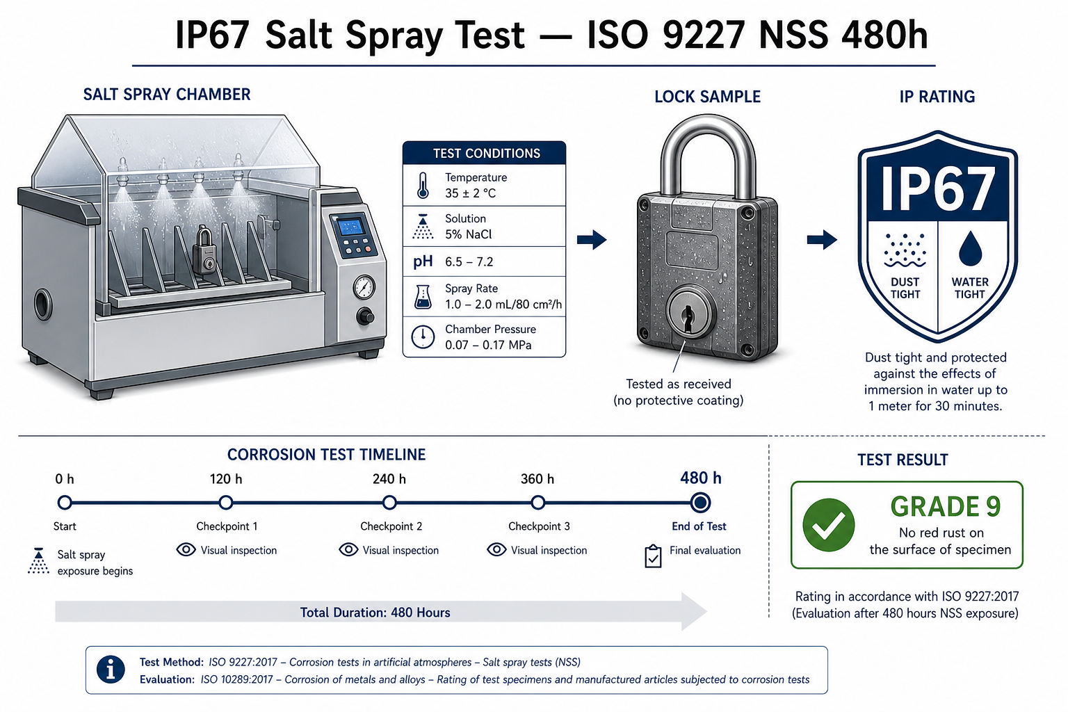 Scène de test brouillard salin IP67 — indice de protection industriel ISO 9227 NSS 480 heures