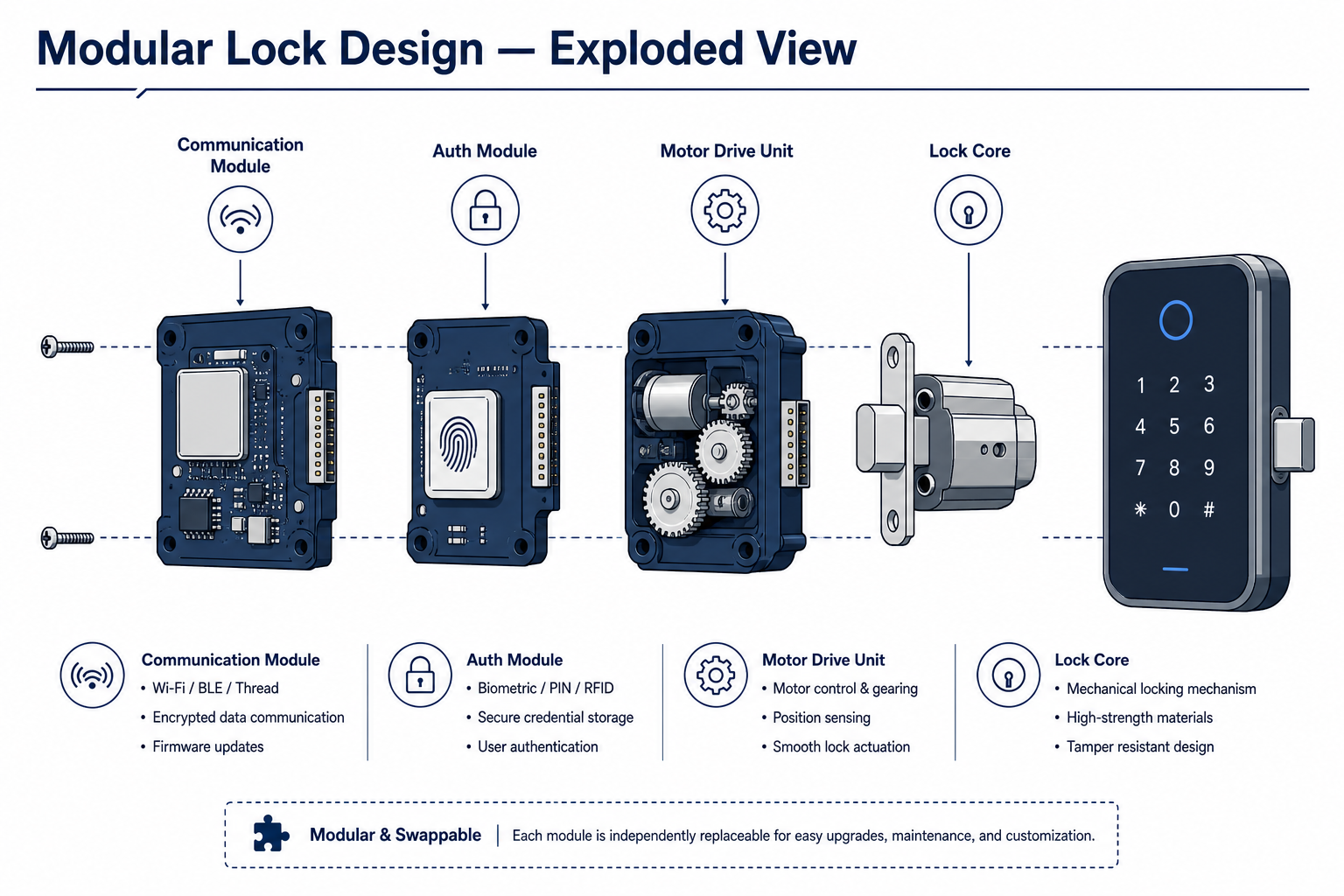 Vue éclatée conception modulaire — modules de communication et d'authentification amovibles