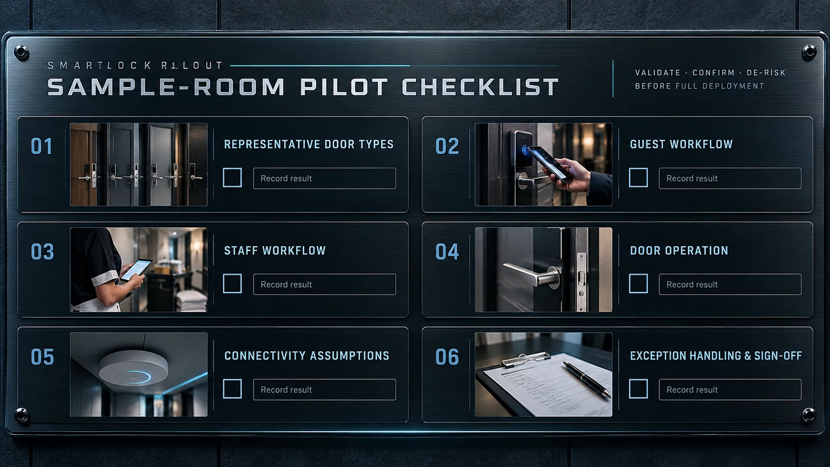 Checklist de pilote en chambre témoin couvrant portes, parcours clients et personnel, exceptions et validation