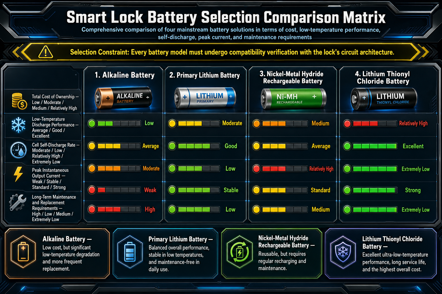 Matrice de sélection des batteries pour serrures intelligentes comparant les batteries alcalines, lithium primaires, nickel-hydrure métallique et chlorure de thionyle-lithium